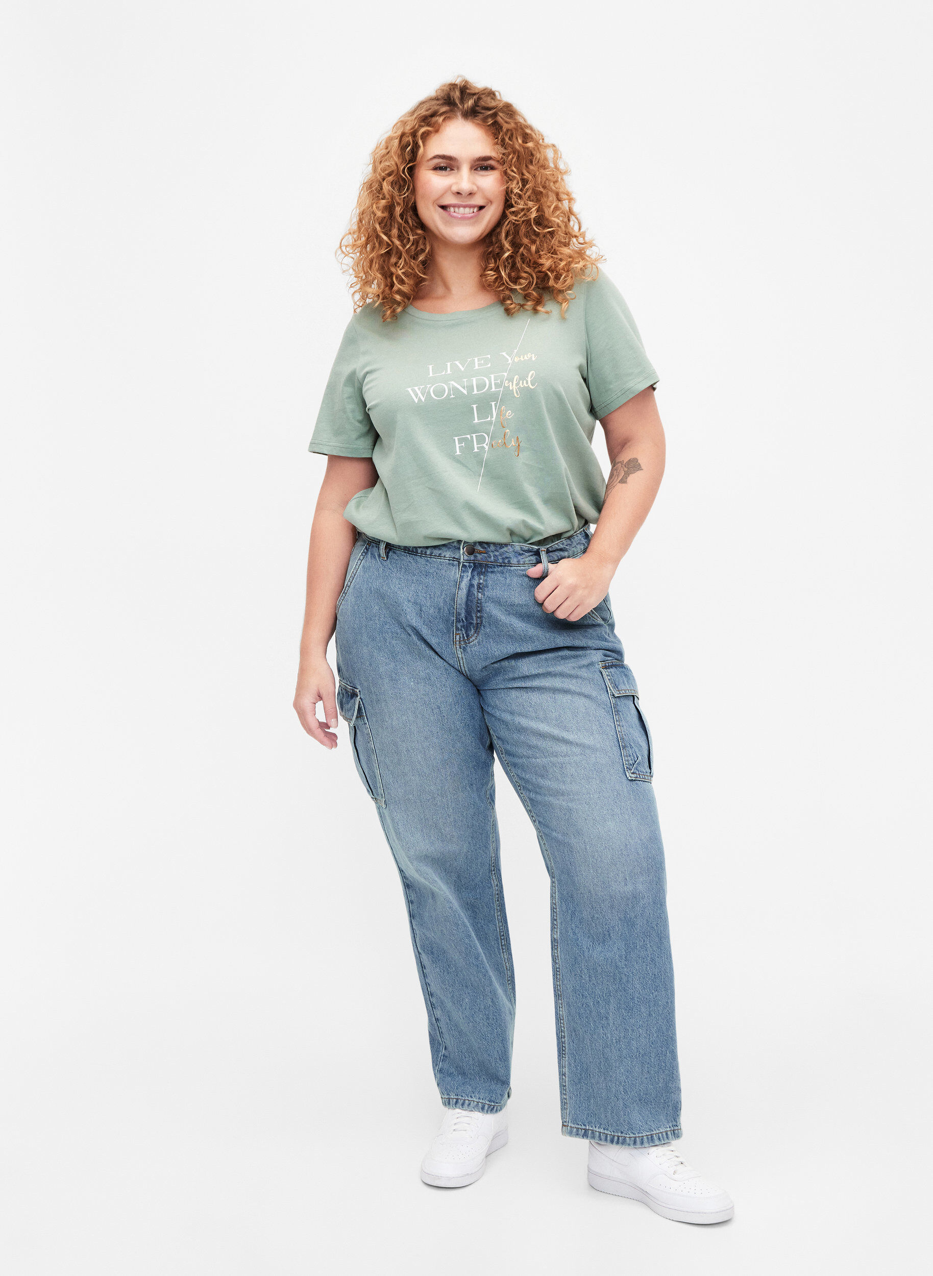 Zizzifashion Short-sleeved cotton T-shirt with elasticated hem, Chinois G. W. Live, Model image number 2