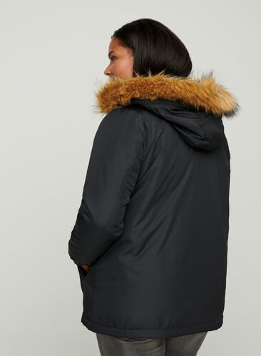 Jacket with a fake fur collar and drawstring waist, Black, Model image number 1