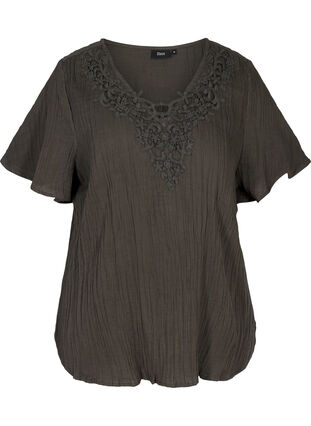 Short-sleeved blouse with a v-neck and embroidery, Khaki As sample, Packshot image number 0