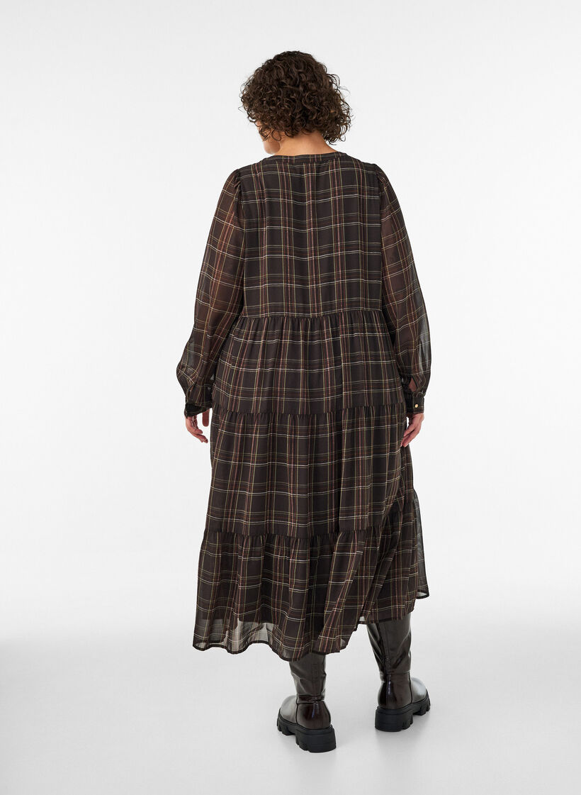 Checked midi dress with a tiered skirt, Brown, Model image number 1