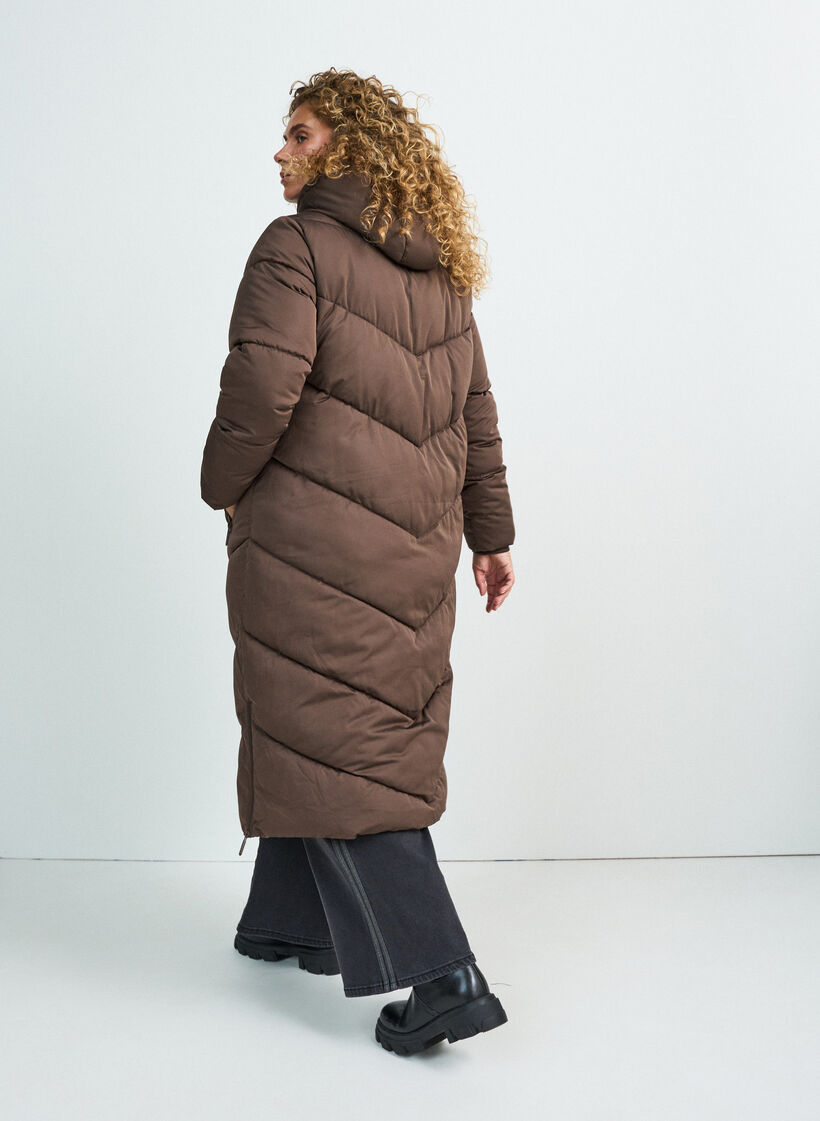 Long puffer coat with hood and pockets, Brown, Model image number 1