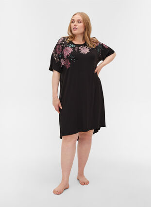 Short sleeve viscose nightgown with floral print, Black Flower , Model image number 2