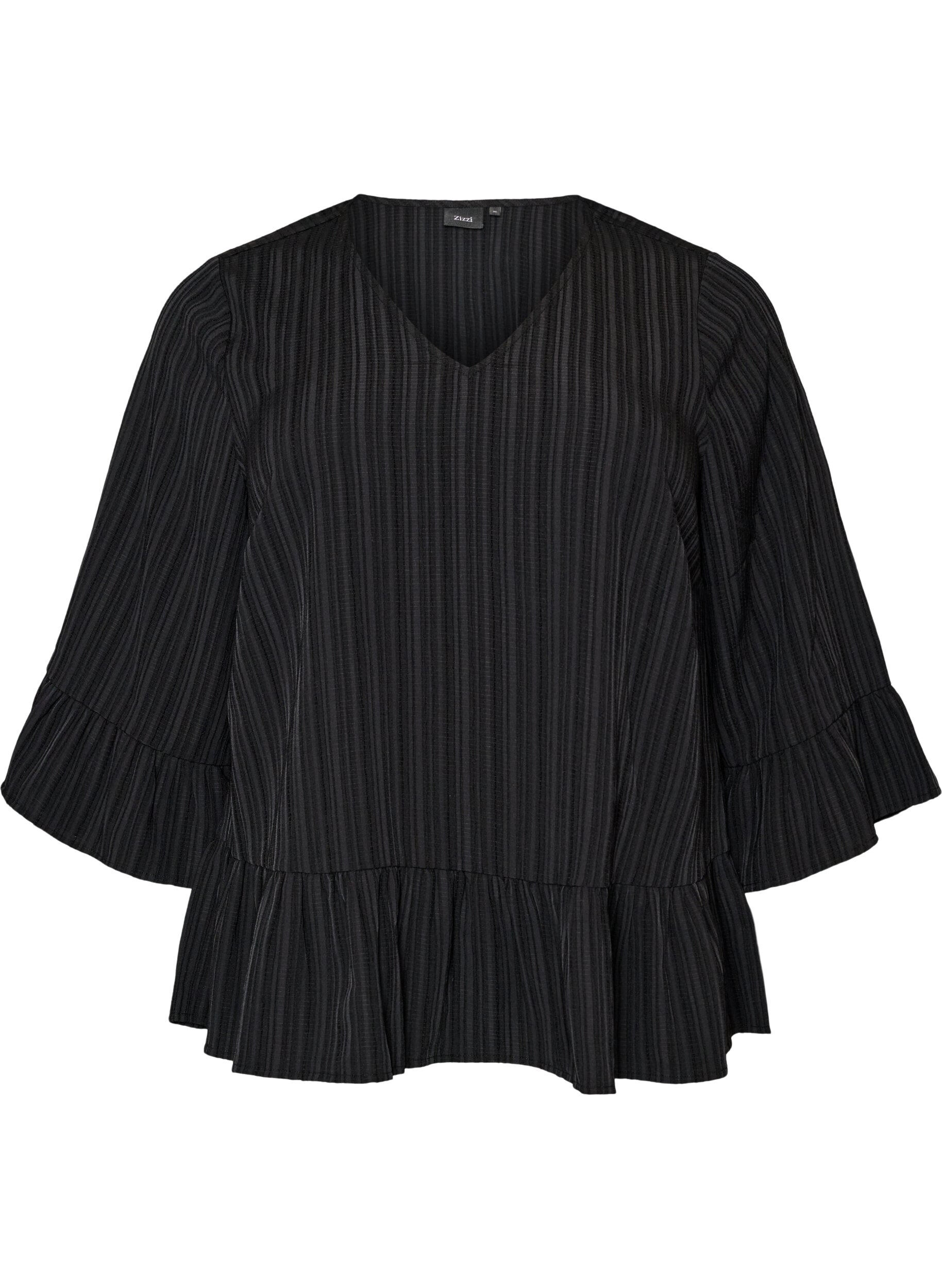 Zizzifashion Blouse with texture, V-neck and ruffles, Black, Packshot image number 0