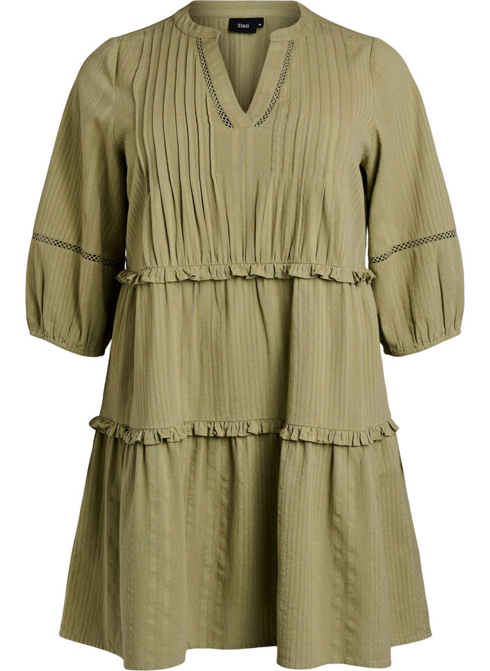 3/4 sleeve cotton dress with ruffles, Green, Packshot image number 0