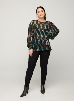 Long-sleeved viscose blouse with print, Green Comb AOP, Model image number 2