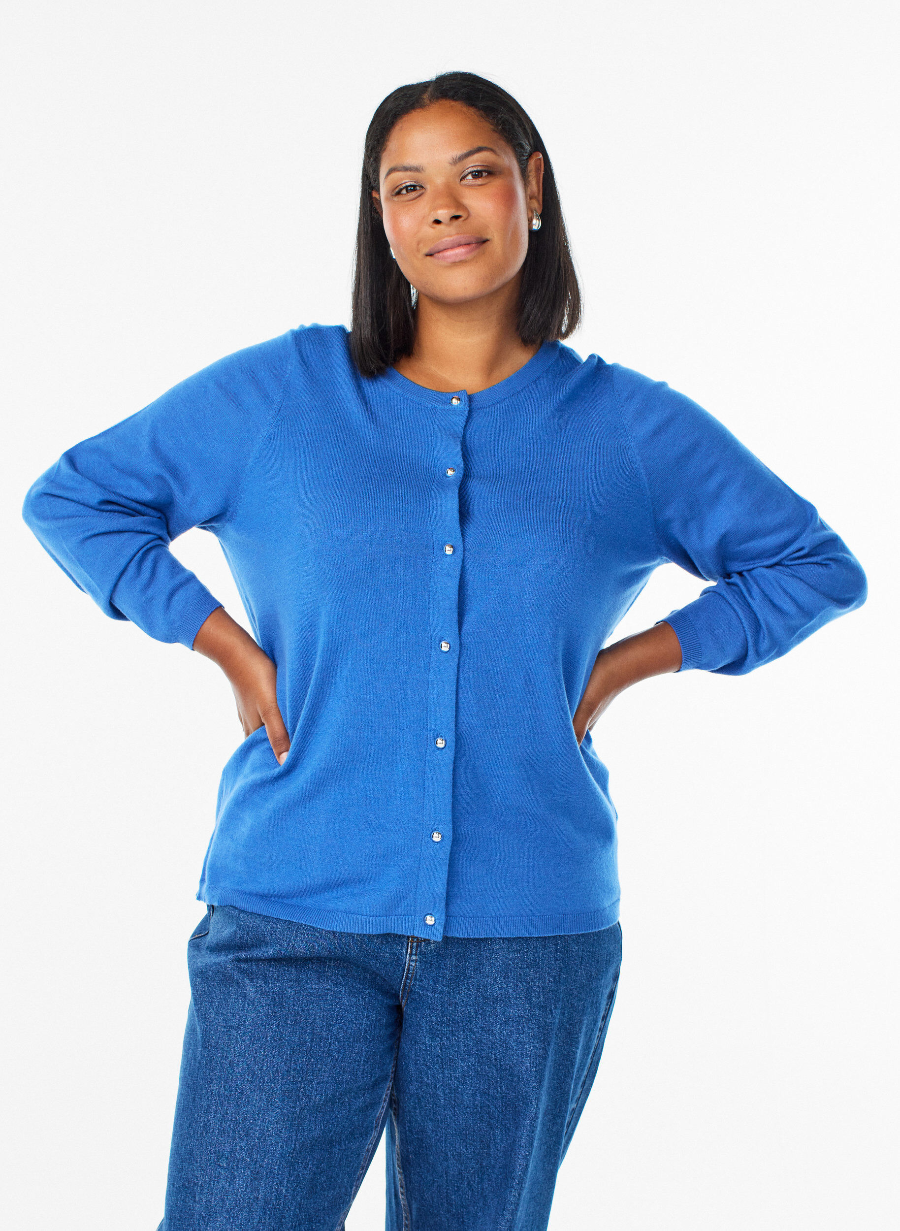 ZizzifashionCardigan with round buttons, Blue, Model image number 0