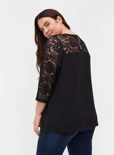 Lace blouse with 3/4 sleeves, Black, Model image number 1