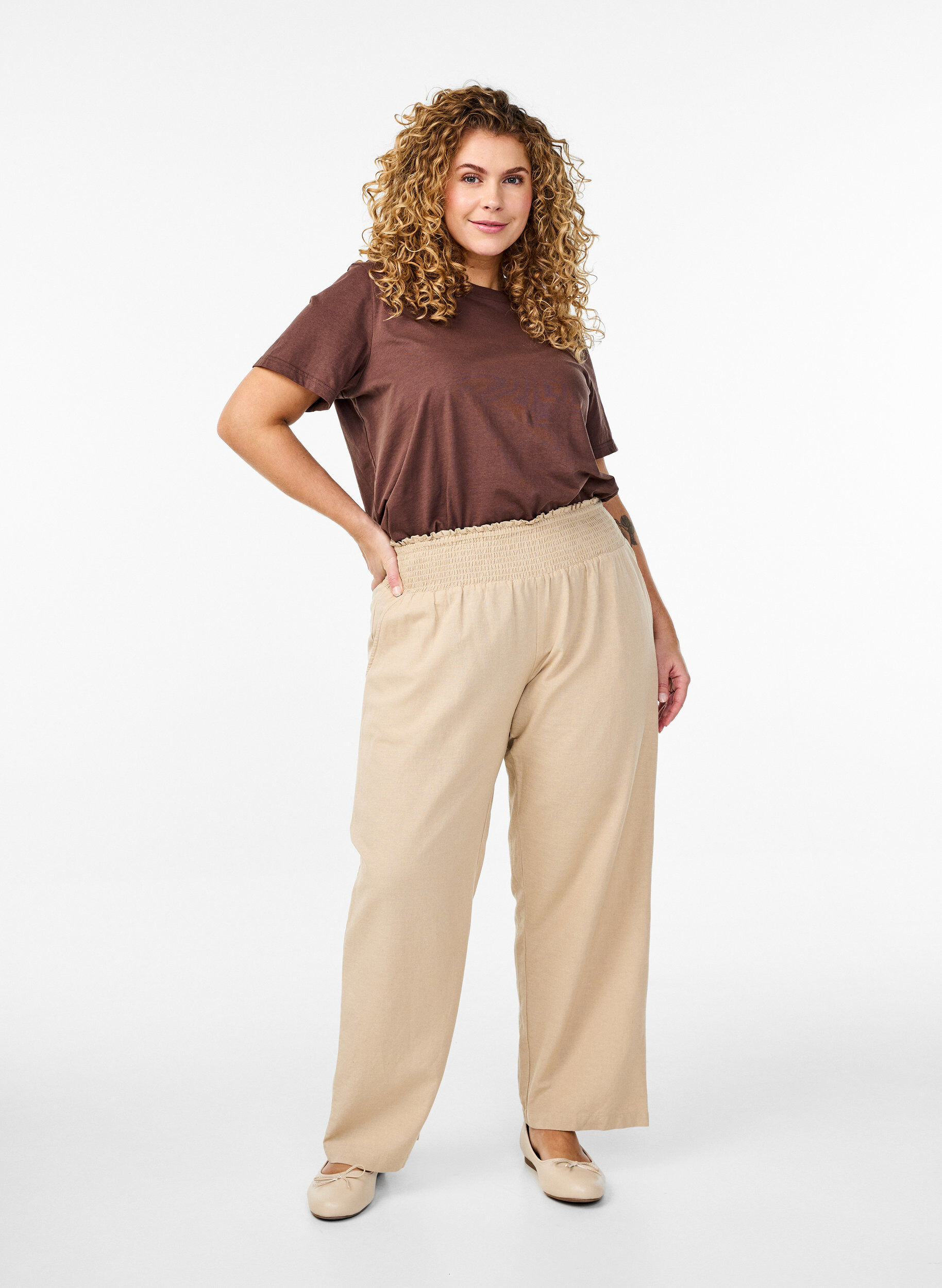 Zizzifashion Smock pants with linen, Beige, Model image number 0