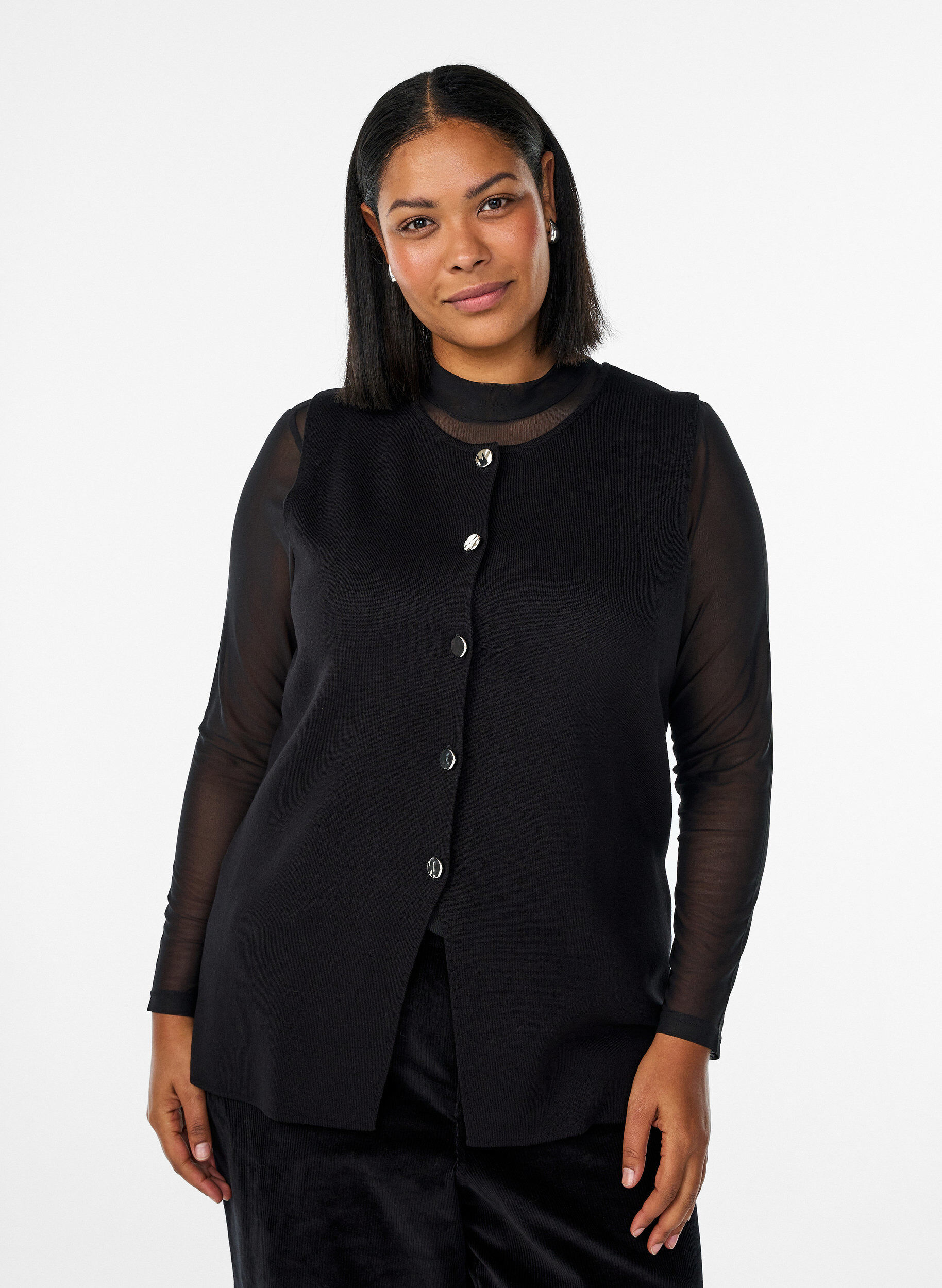 Zizzifashion Sleeveless knit vest with decorative buttons, Black, Model image number 0