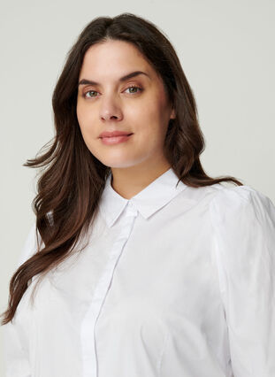 Cotton shirt with puff sleeves, Bright White, Model image number 2