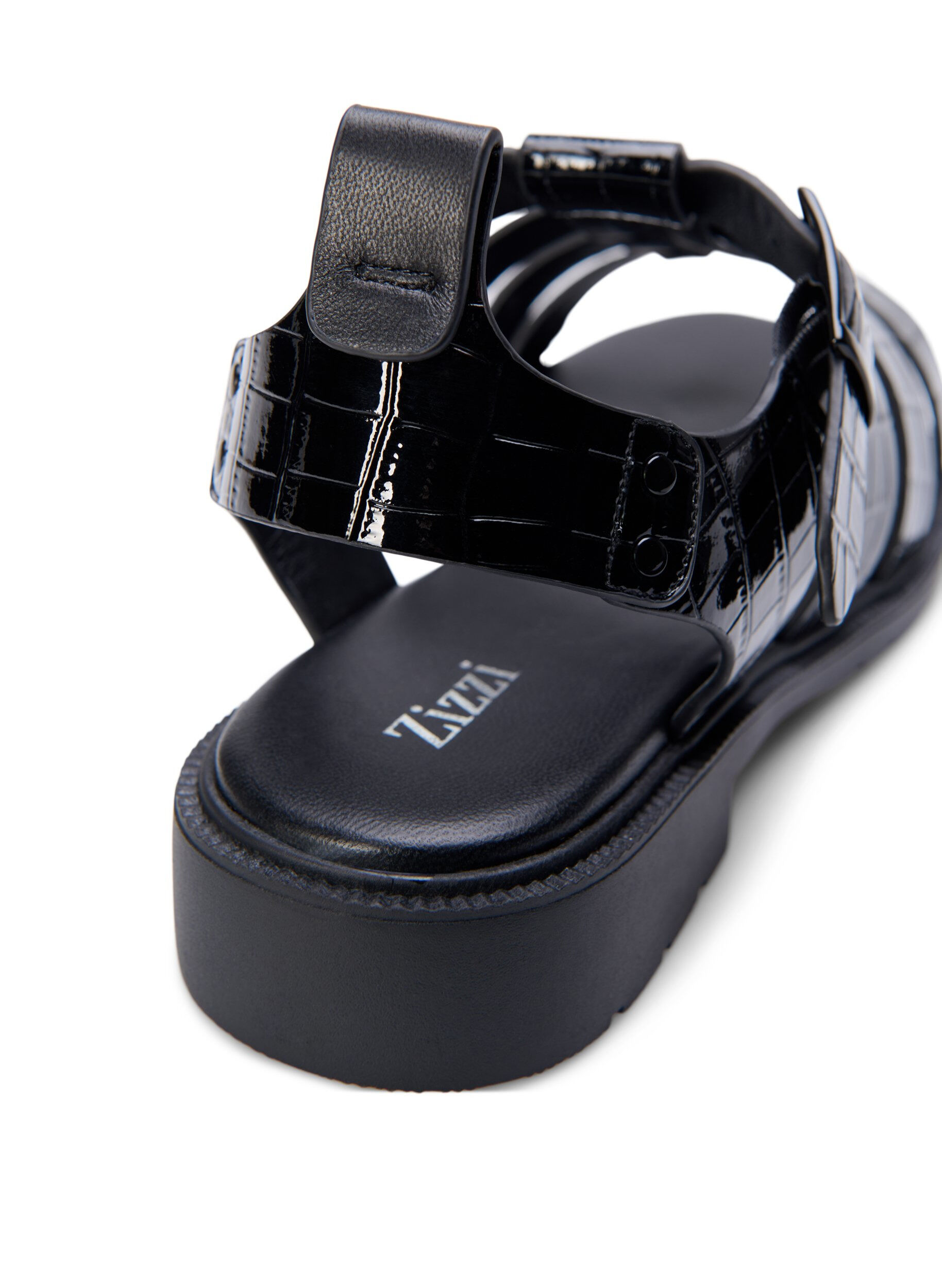 Zizzifashion Wide fit sandal in shiny crocodile leather, Black, Packshot image number 4
