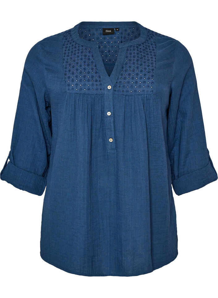 Blouse in cotton muslin with broderie anglaise, Blue, Packshot image number 0