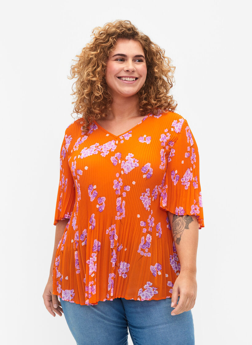 Pleated blouse in flower print, Exuberance Flower, Model image number 0