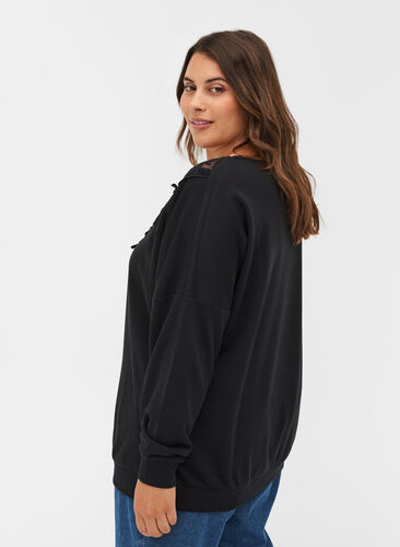 Solid-coloured sweatshirt with lace detailing, Black, Model image number 1