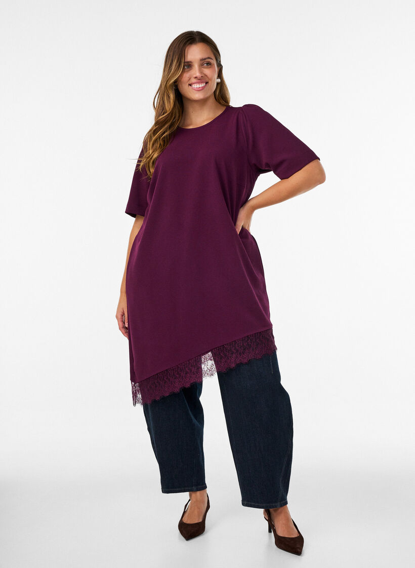 Tunic with asymmetric lace trim, Purple, Model image number 1
