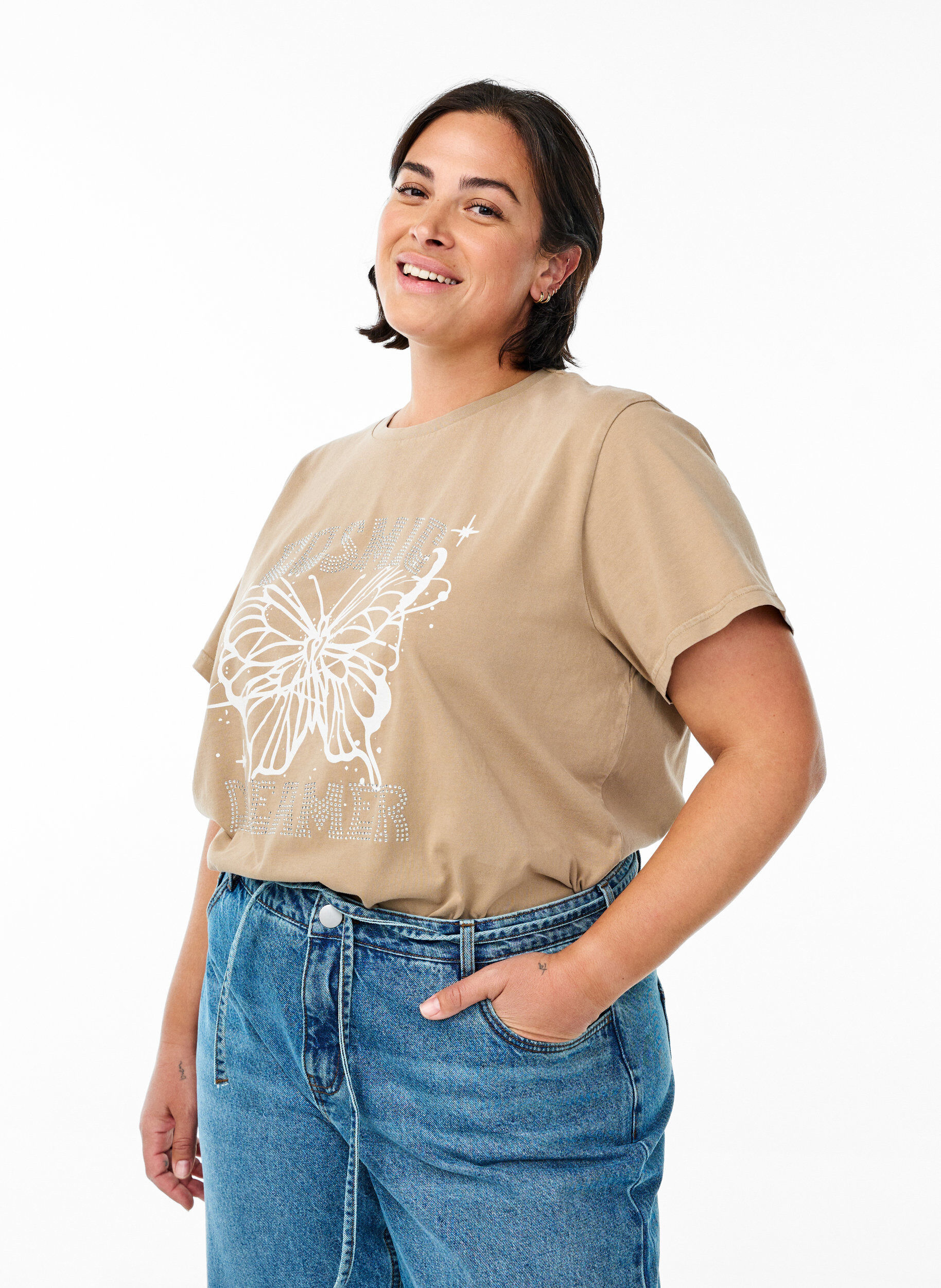 Organic cotton T-shirt with rhinestones and butterfly motif, Brown, Model