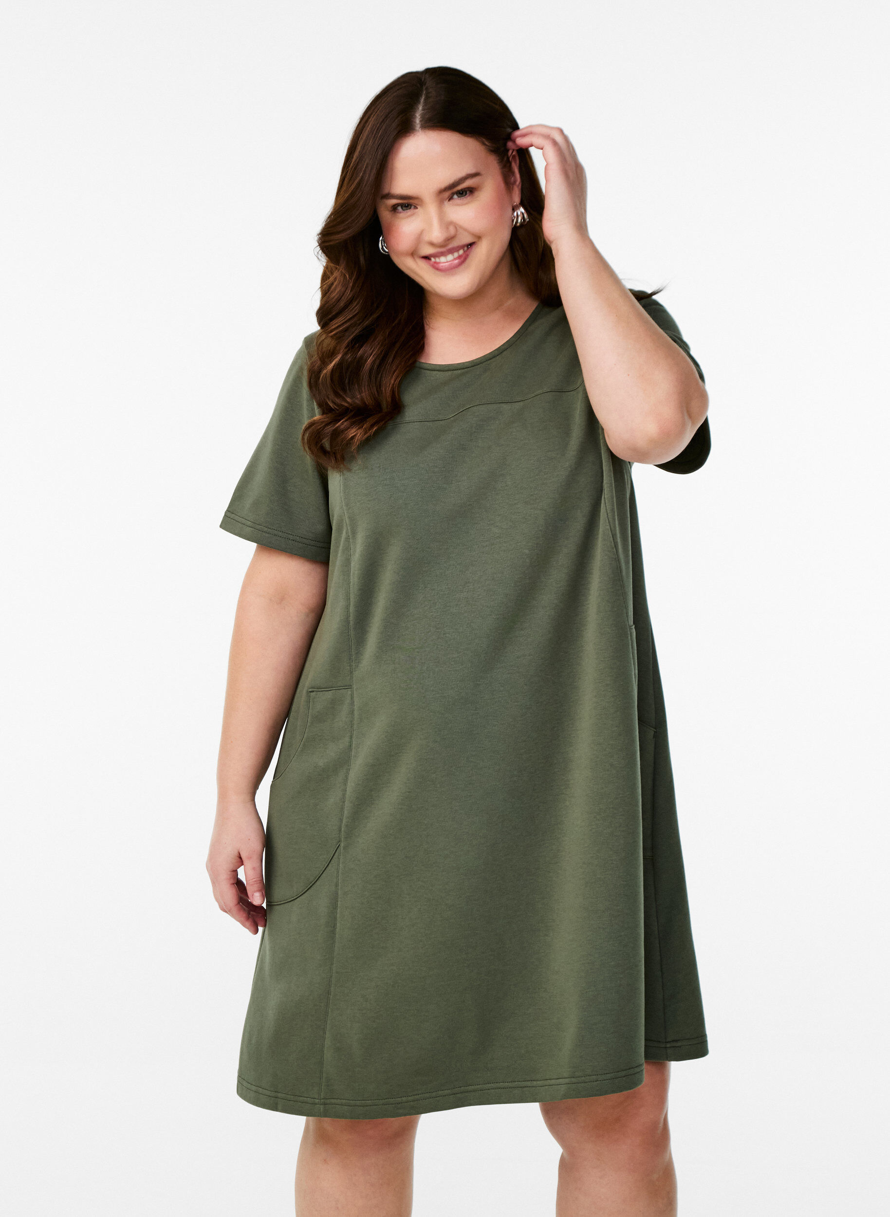 Zizzifashion Jersey dress with short sleeves and pockets, Green, Model image number 0