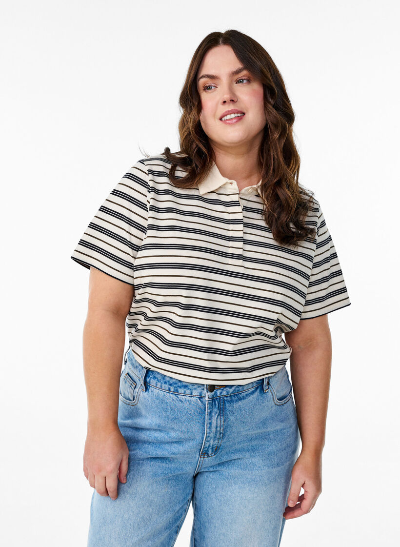 Striped polo shirt with short sleeves, White, Model image number 0