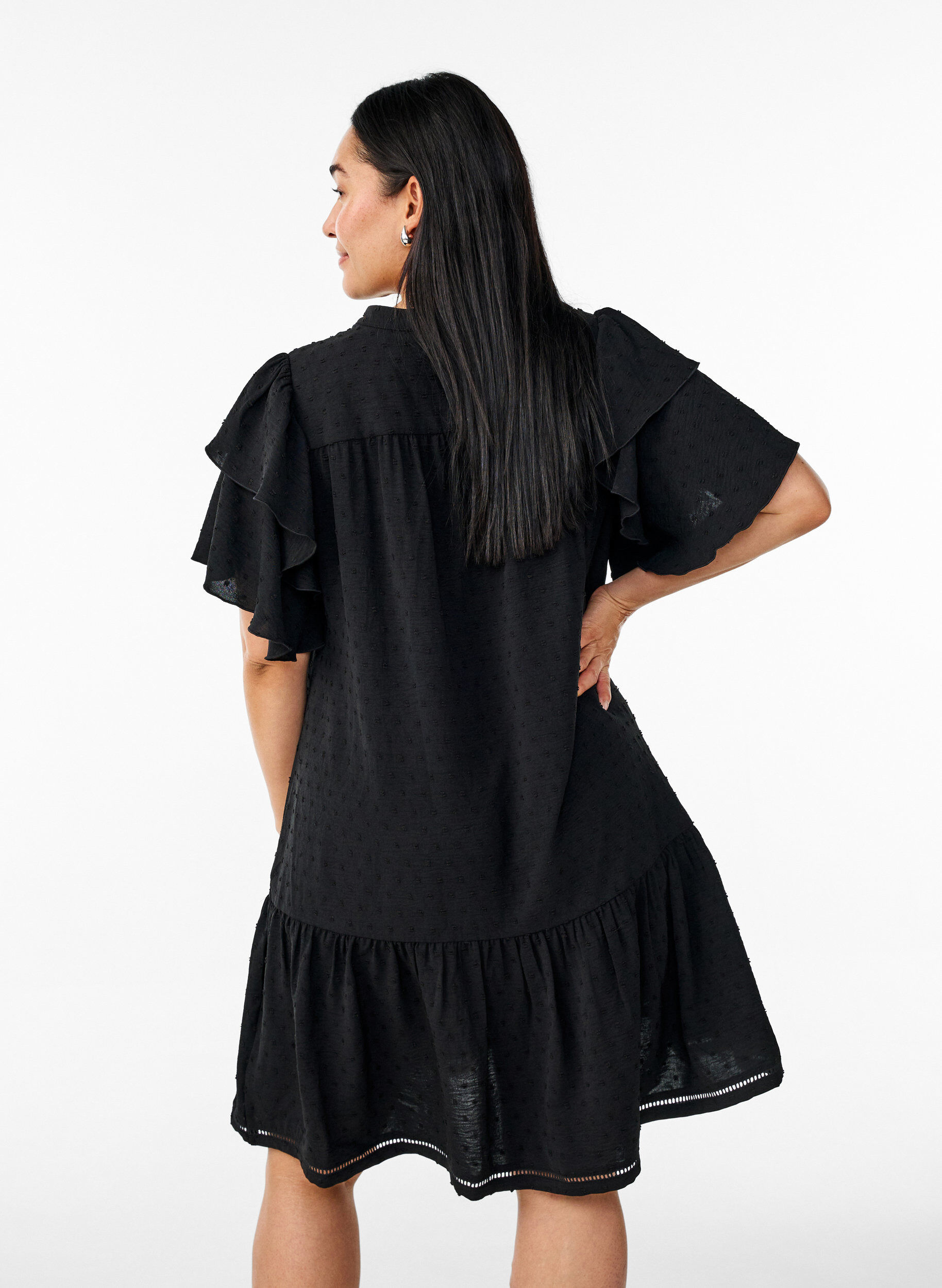 Zizzifashion Short dress with ruffle sleeves and dotted texture, Black, Model image number 1