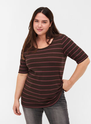Striped, ribbed cotton t-shirt, Mole Stripe, Model image number 0