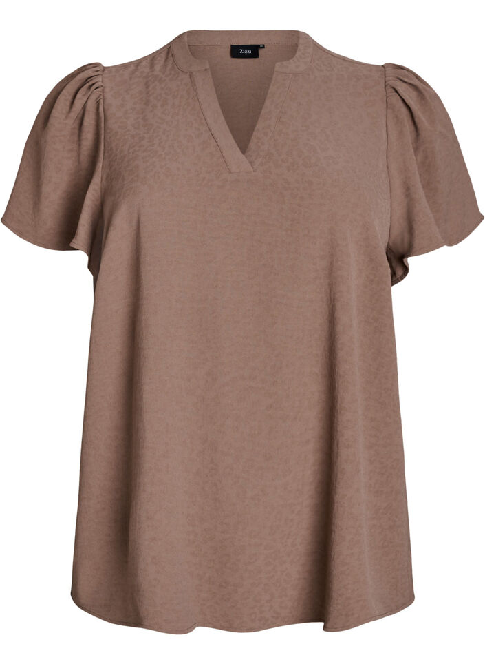 Blouse with short ruffle sleeves and V-neck, Brown, Packshot image number 0