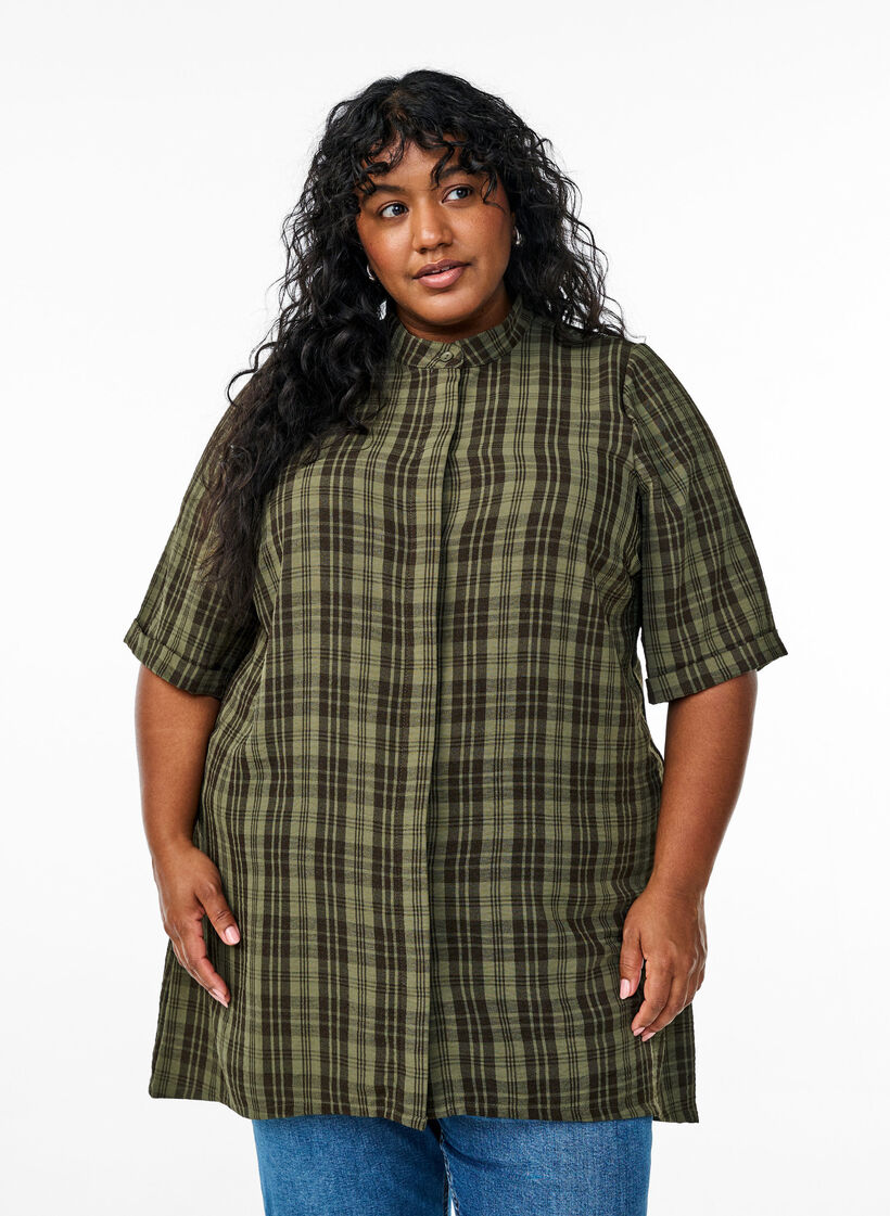Tunic with short sleeves and checkered pattern, Green, Model image number 0