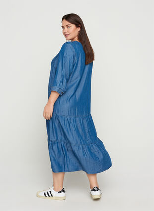 Midi dress with buttons and 3/4 sleeves, Blue denim, Model image number 1