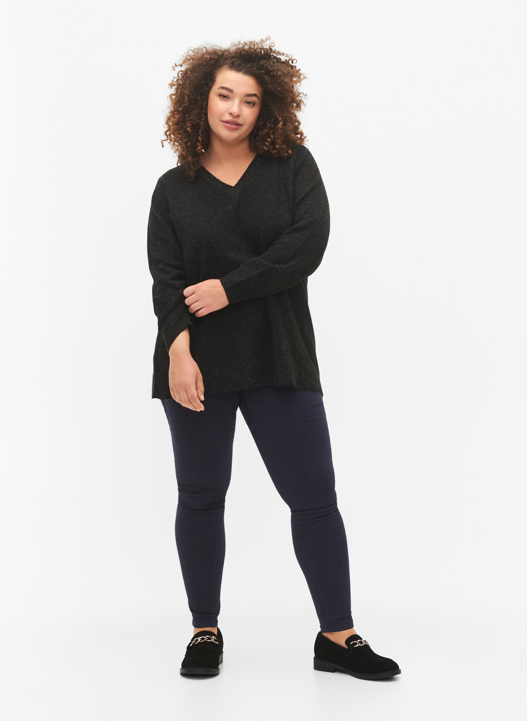 Zizzifashion Melange v-neck pullover, Dark Grey Melange, Model image number 2