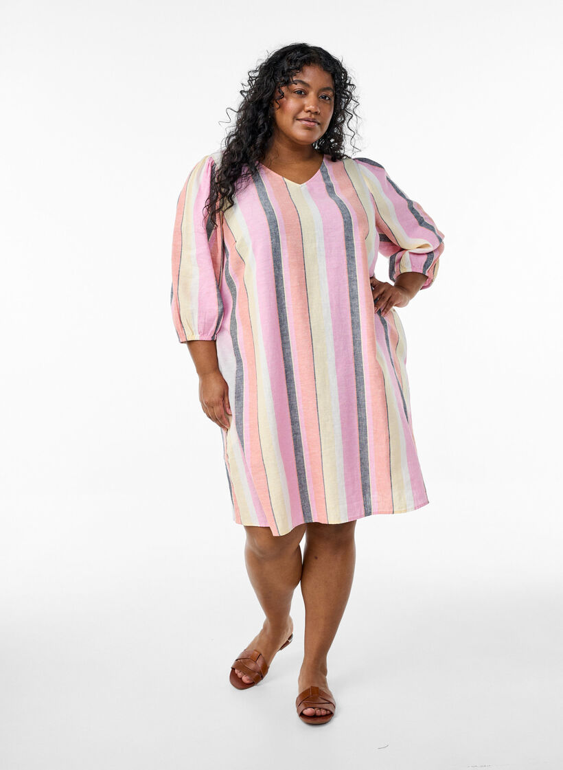 Short dress in linen and viscose with 3/4 sleeves, Yellow, Model image number 1