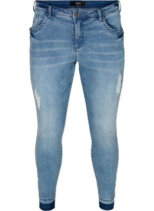 Super slim Amy jeans with distressed look, Blue denim, Packshot image number 0