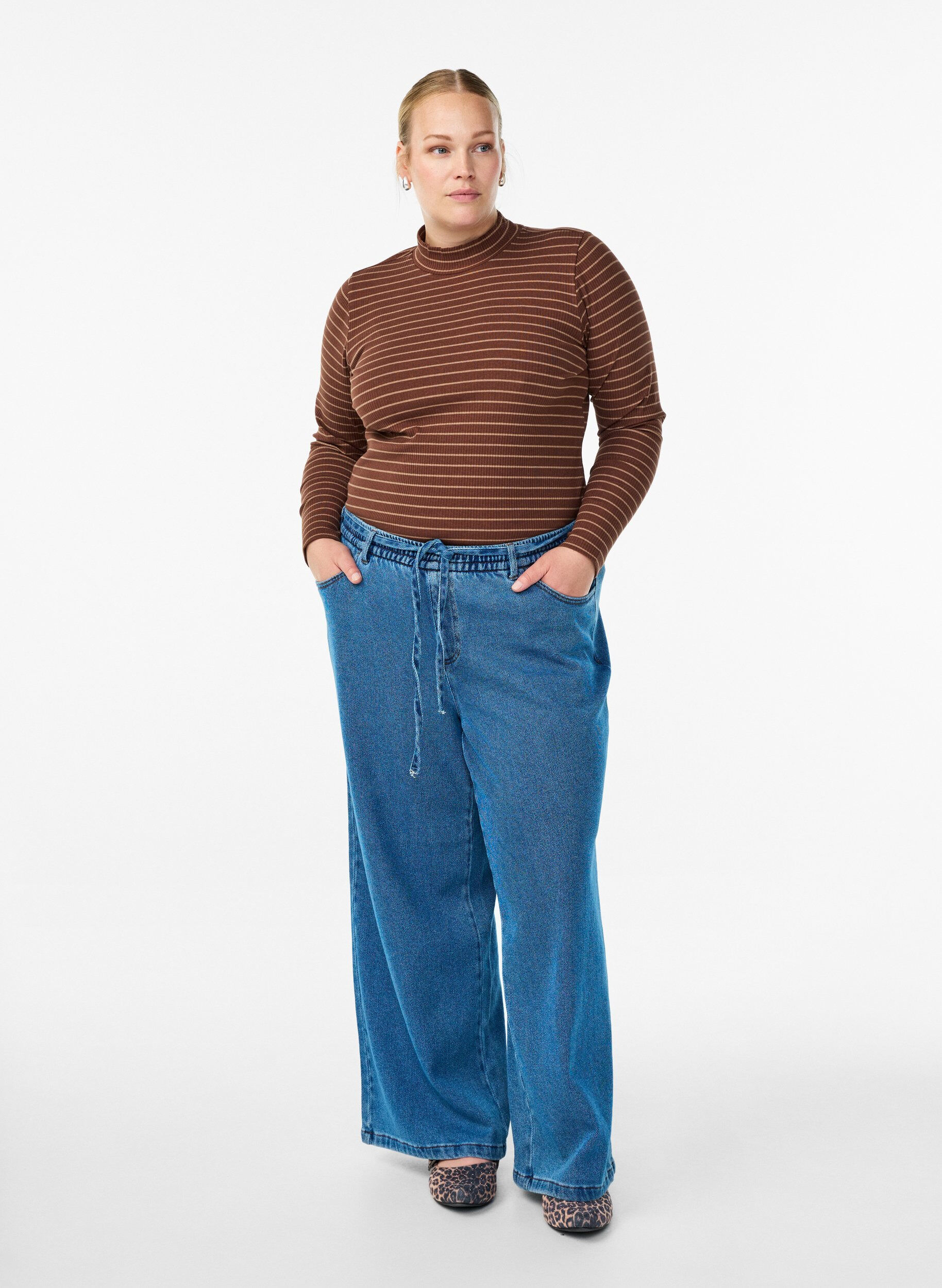 Zizzifashion Striped ribbed jersey blouse with a high neck, Brown, Model image number 1