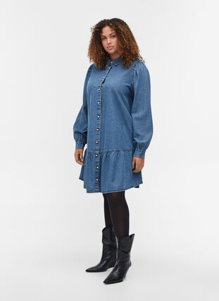 Puff sleeve denim tunic with pearl buttons, Blue denim, Model image number 3