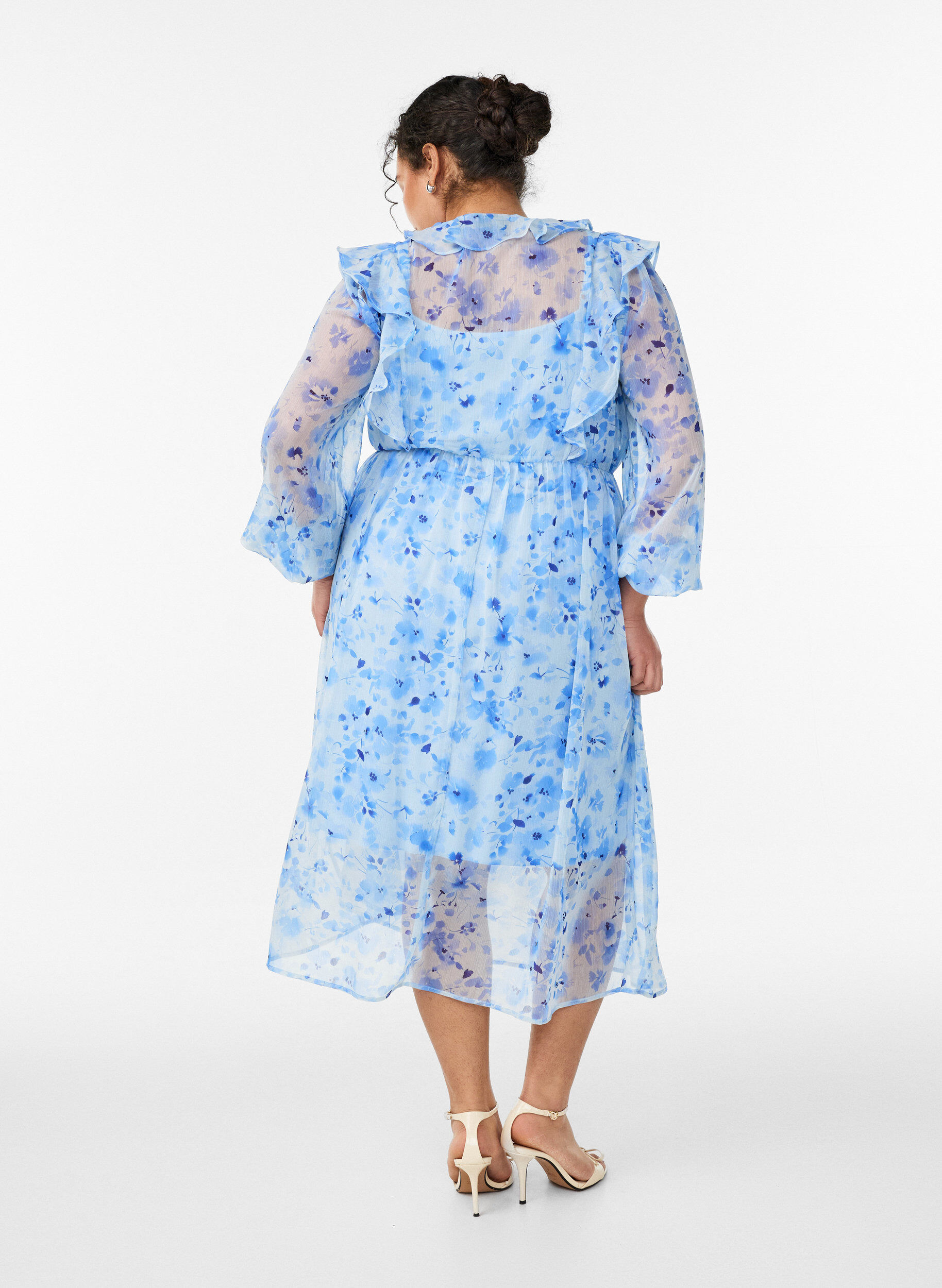 Zizzifashion Floral chiffon dress with ruffles and long sleeves, Blue, Model image number 1