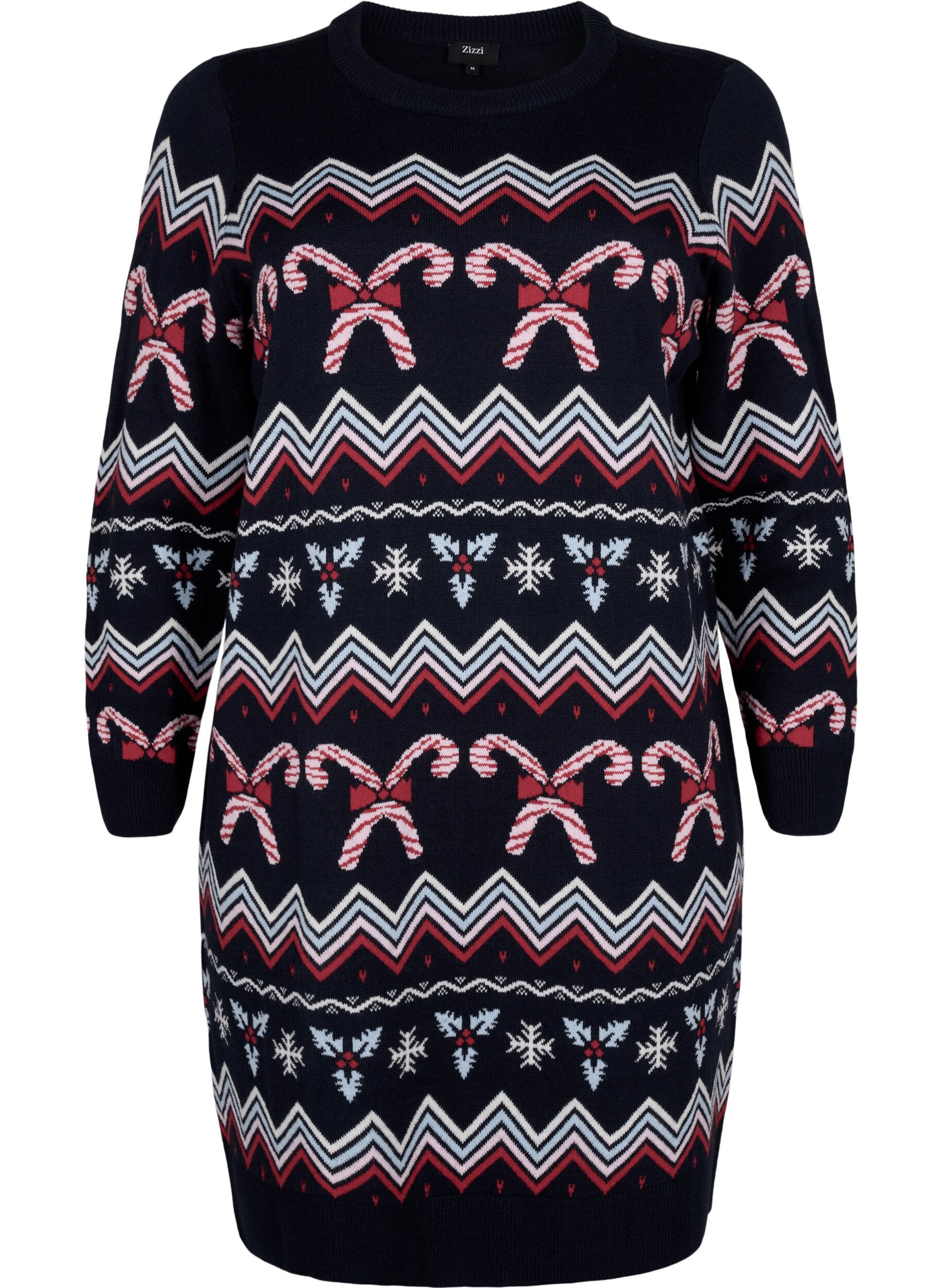 Zizzifashion Long-sleeved knitted dress with a Christmas motif, Navy Blazer Comb, Packshot image number 0