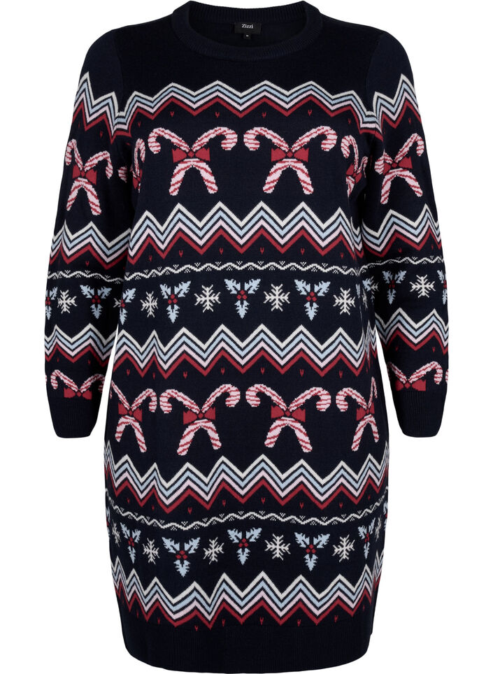 Long-sleeved knitted dress with a Christmas motif, Navy Blazer Comb, Packshot image number 0