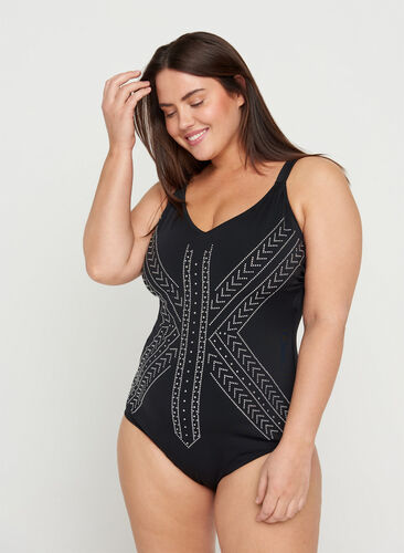 Swimsuit with rhinestones, Black, Model image number 0