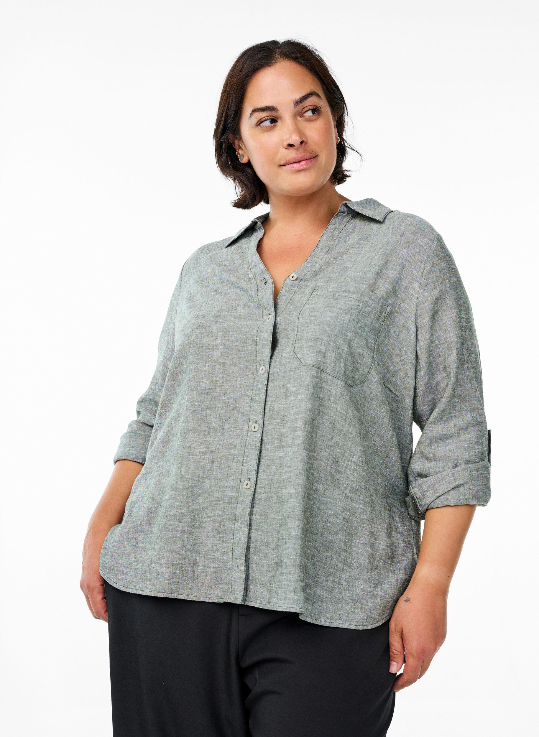Zizzifashion Shirt in linen and viscose with 3/4 sleeves, Green, Model image number 0