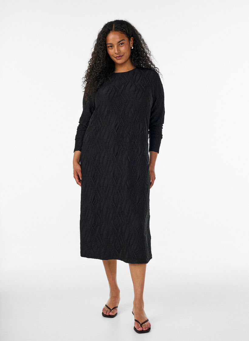 Midi dress with a wavy texture and long sleeves, Black, Model image number 0
