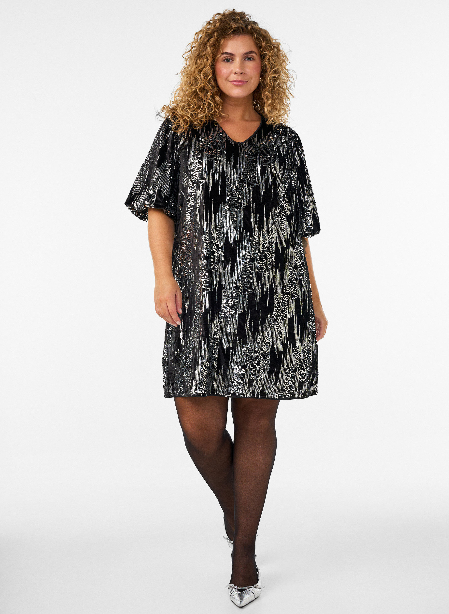 ZizzifashionShort sequin dress with balloon sleeves, Black, Model image number 0
