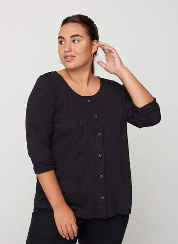 Blouse with 7/8 sleeves and buttons, Black, Model image number 0