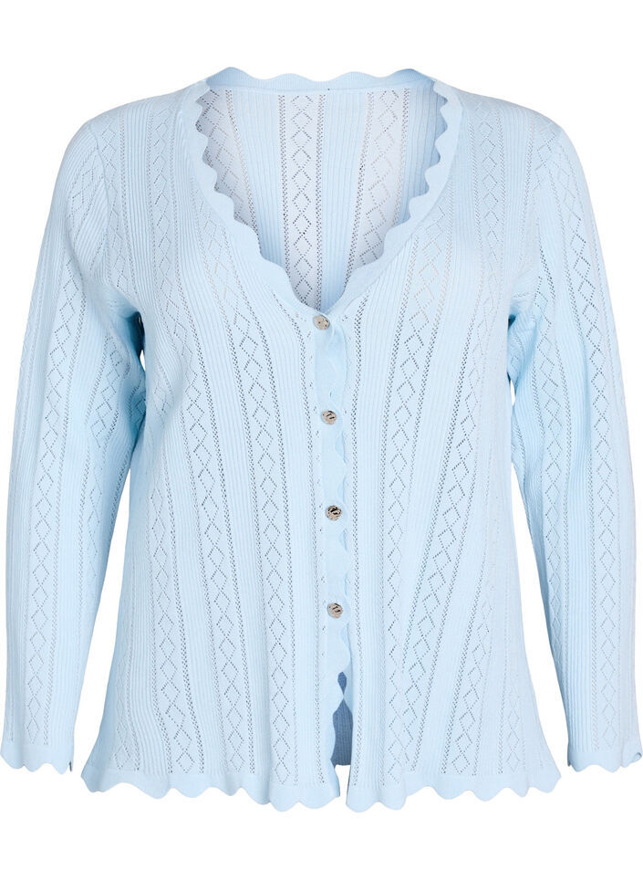 Cardigan with eyelet embroidery and wavy edges, Light Blue, Packshot image number 0
