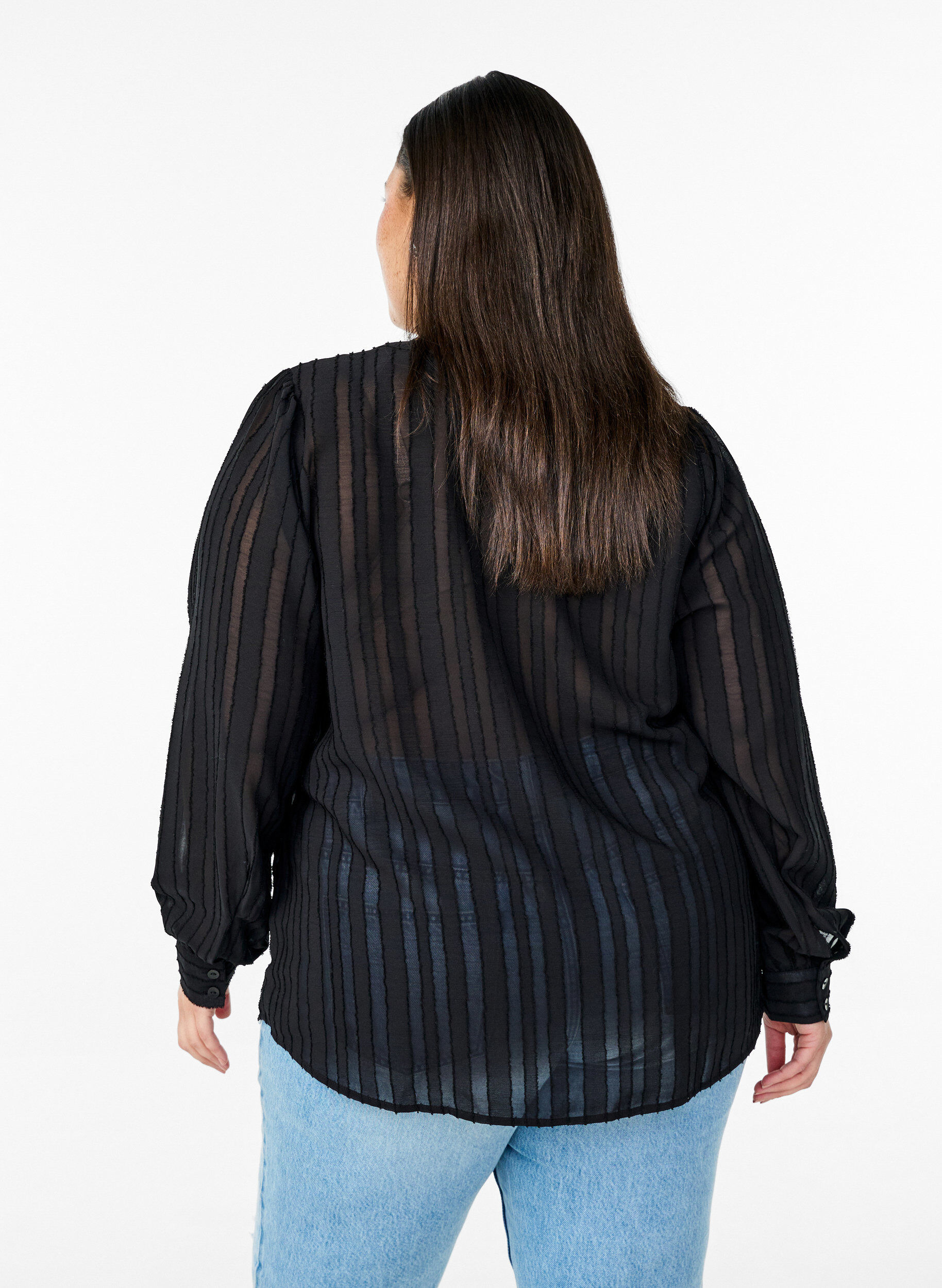 Zizzifashion Striped shirt blouse with sheer stripes, Black, Model image number 2