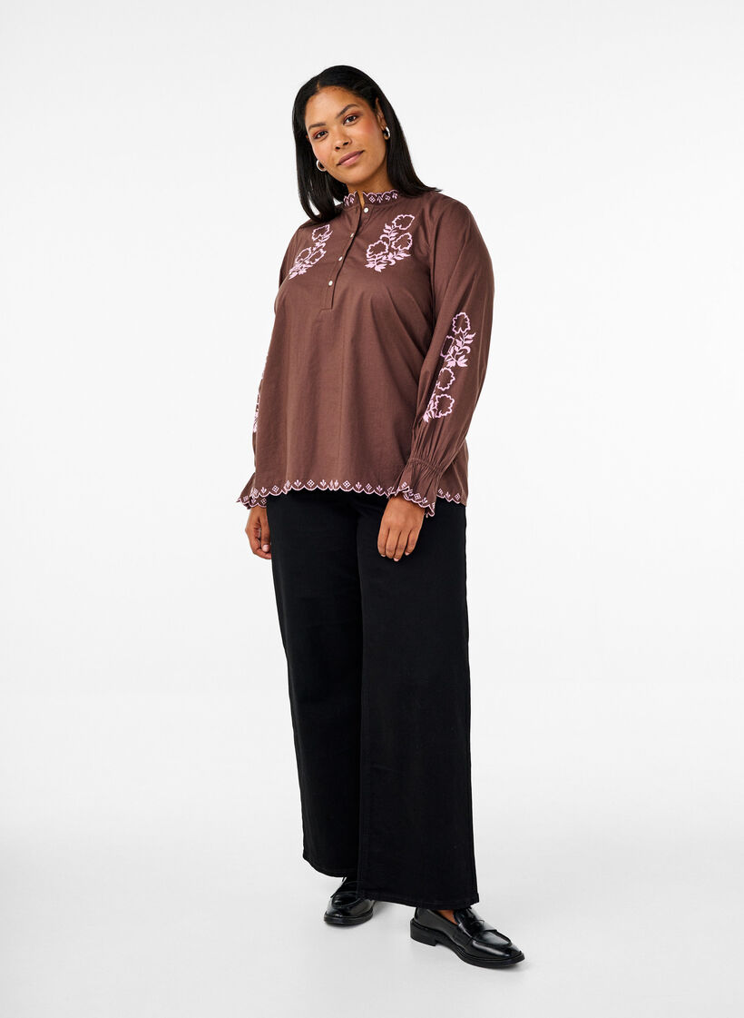 Blouse with embroidery and ruffle details, Brown, Model image number 1