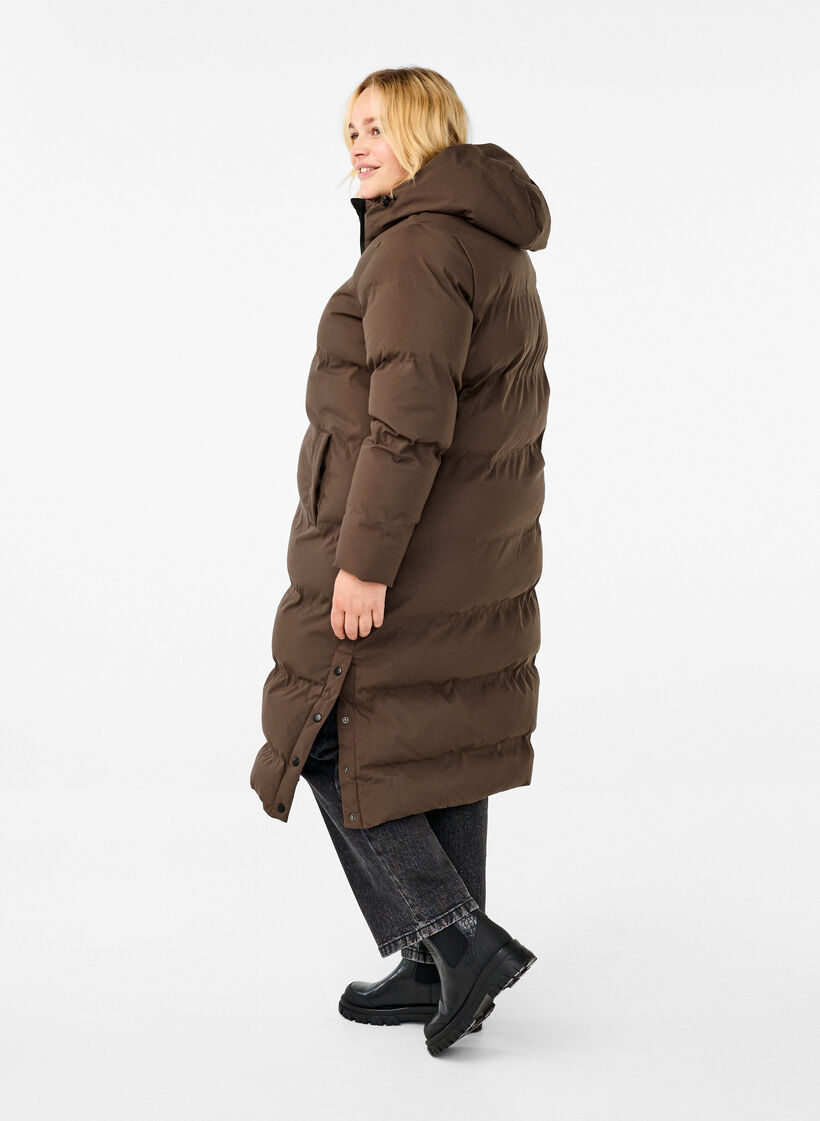Long puffer winter coat with hood, Brown, Model image number 2