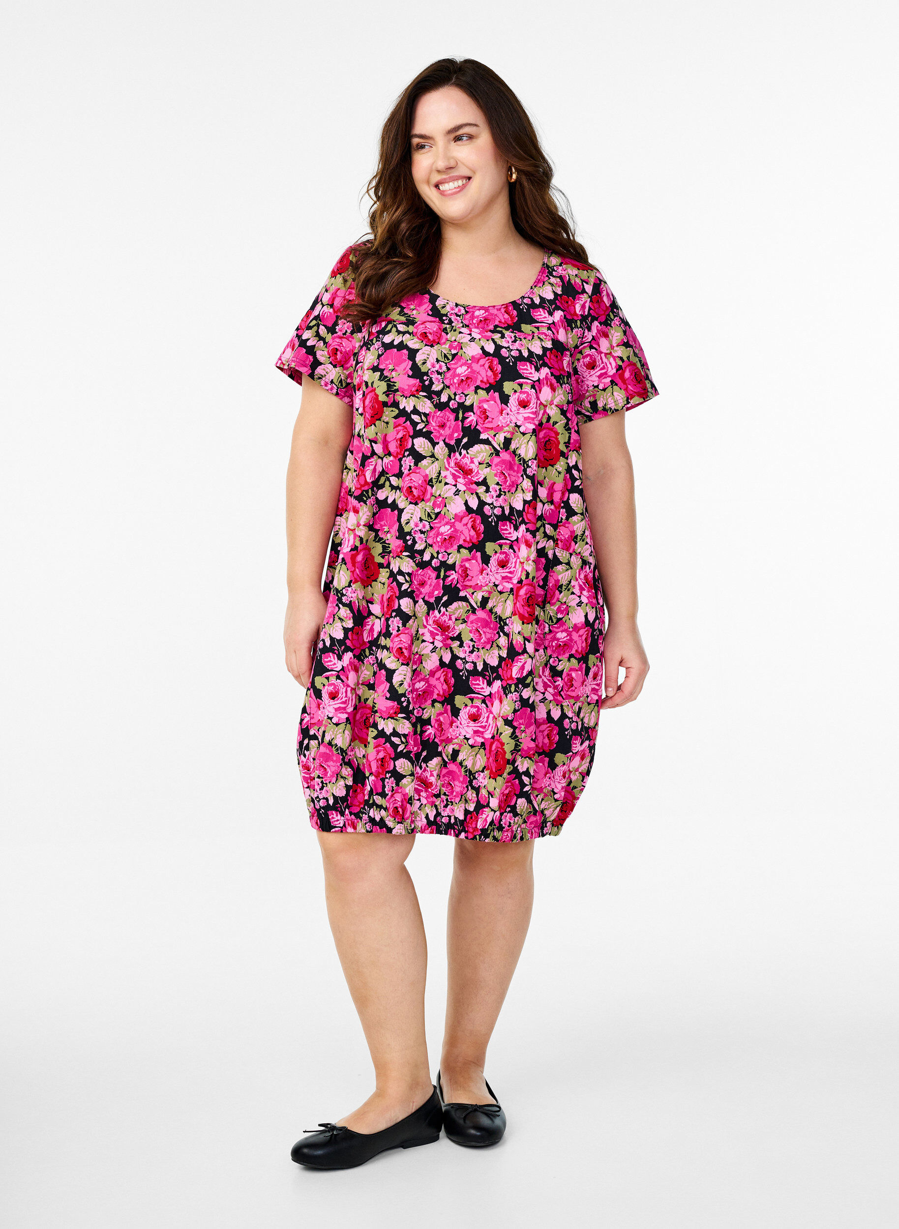 Zizzifashion Short-sleeved cotton dress with print, Black, Model image number 1