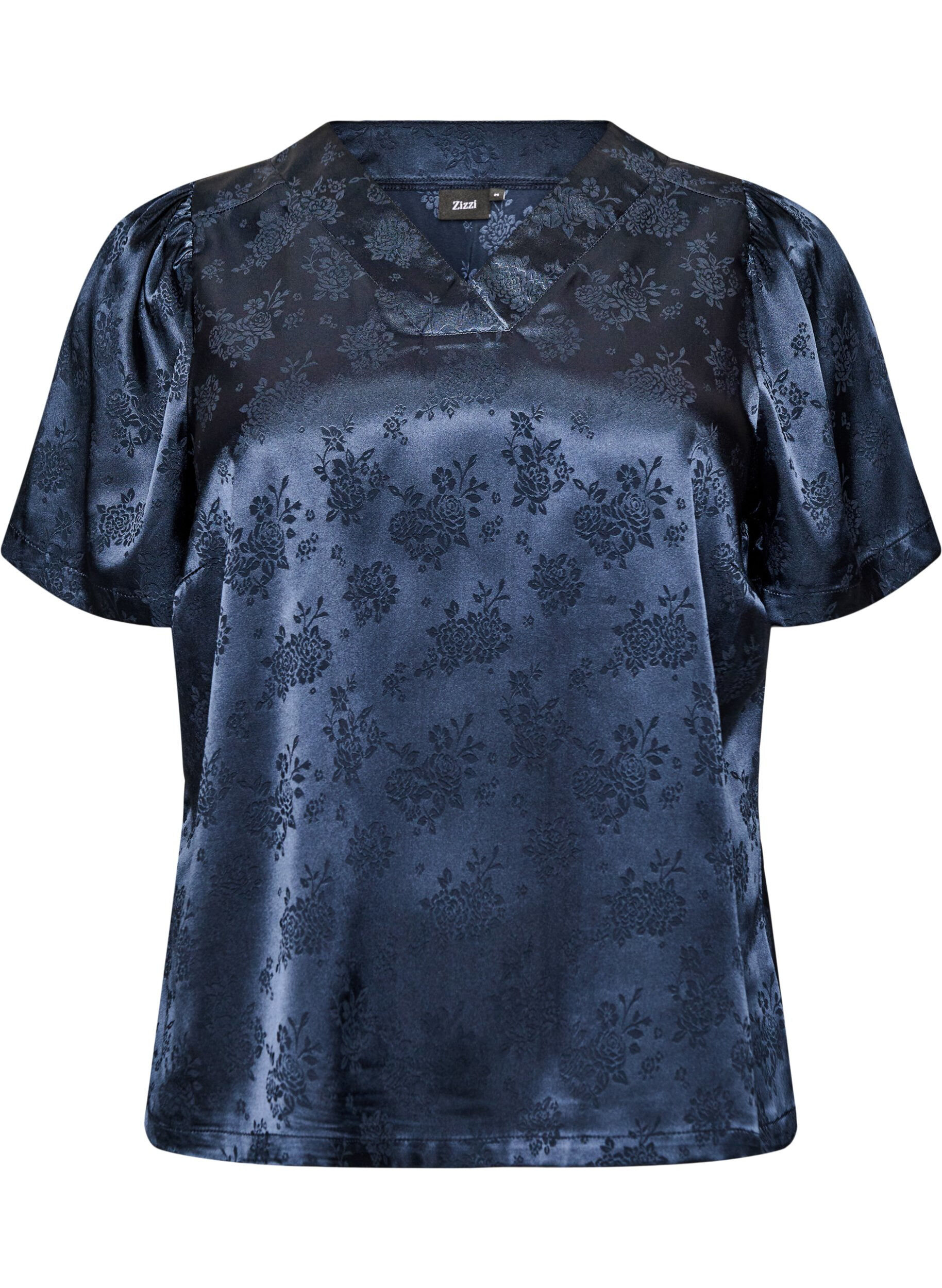 Satin blouse with floral print and V-neck