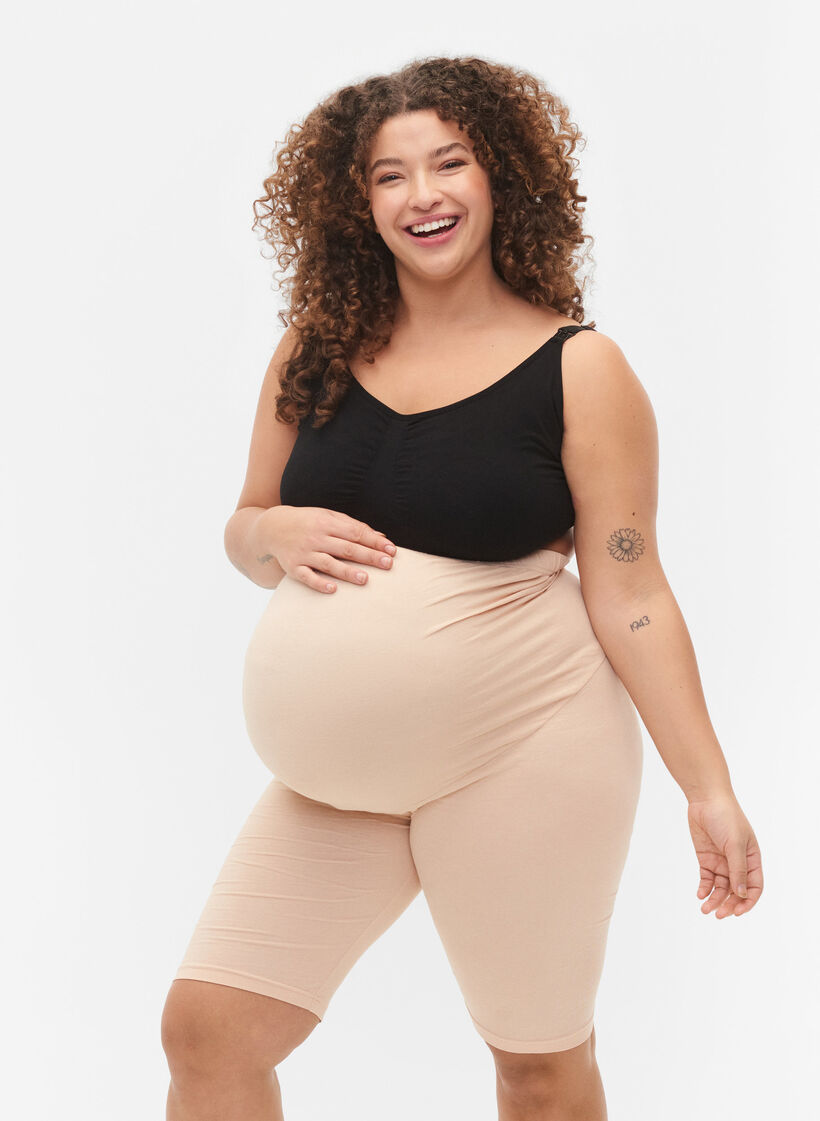 Cotton tight-fitting maternity shorts, Beige, Model image number 0