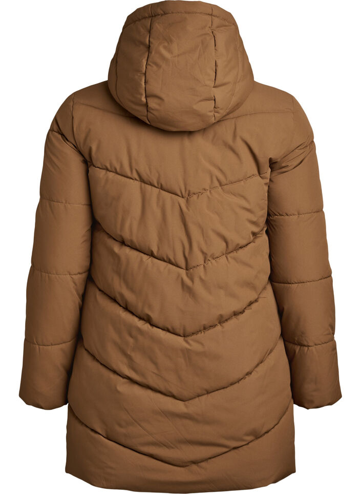 Mid-length puffer jacket with hood, Brown, Packshot image number 1