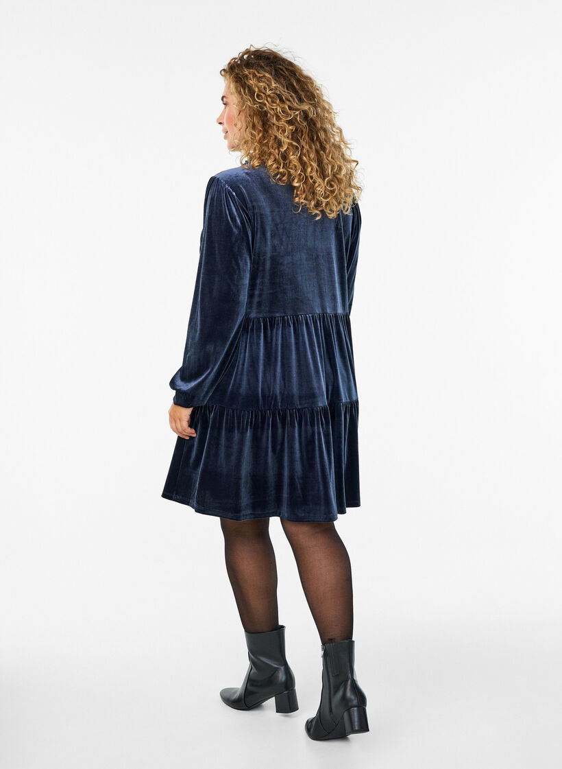 Short velour dress with a ruffle collar and long sleeves, Blue, Model image number 2