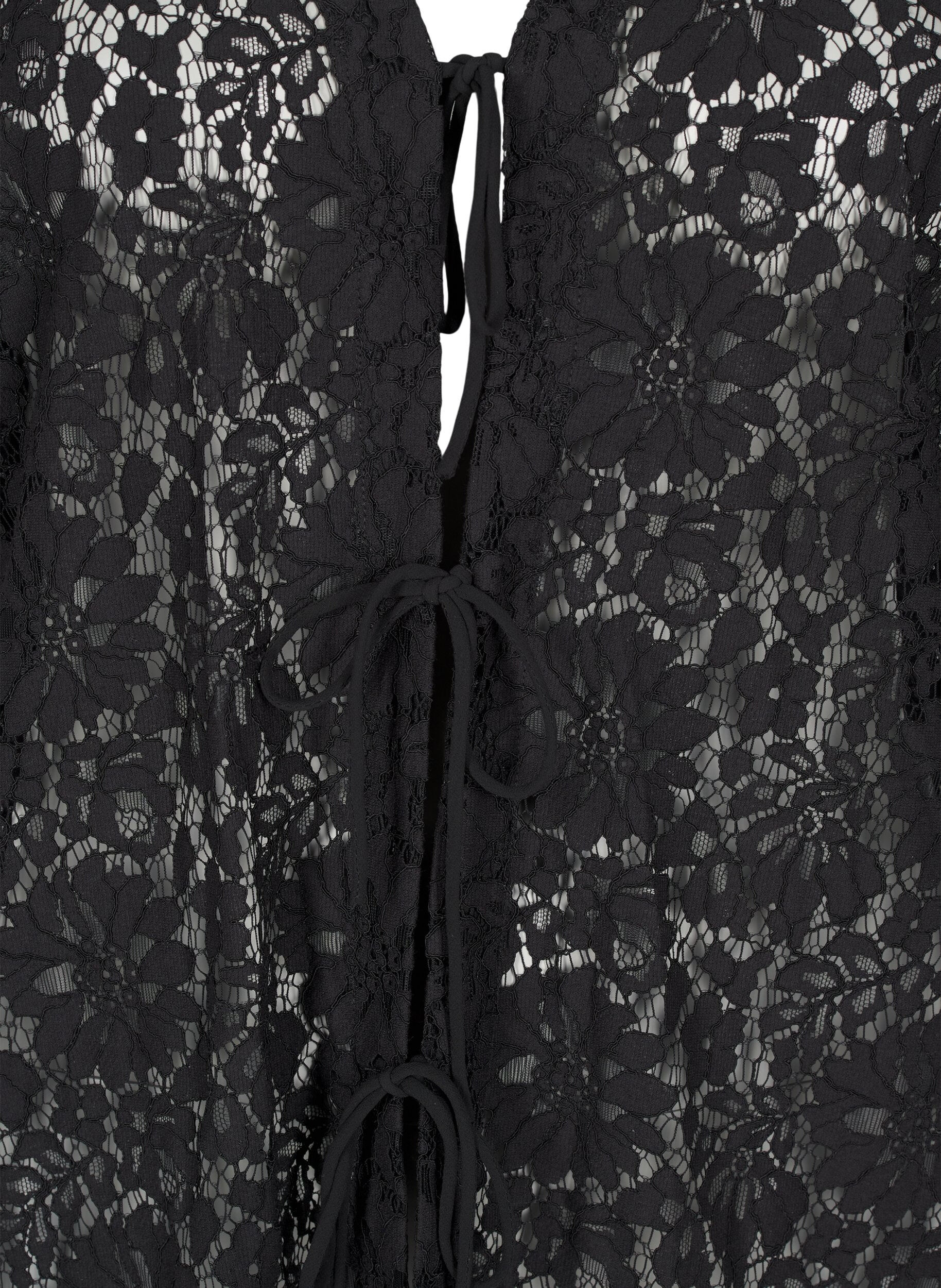 Zizzifashion Lace blouse with 3/4 sleeves and bows on the front, Black, Packshot image number 2
